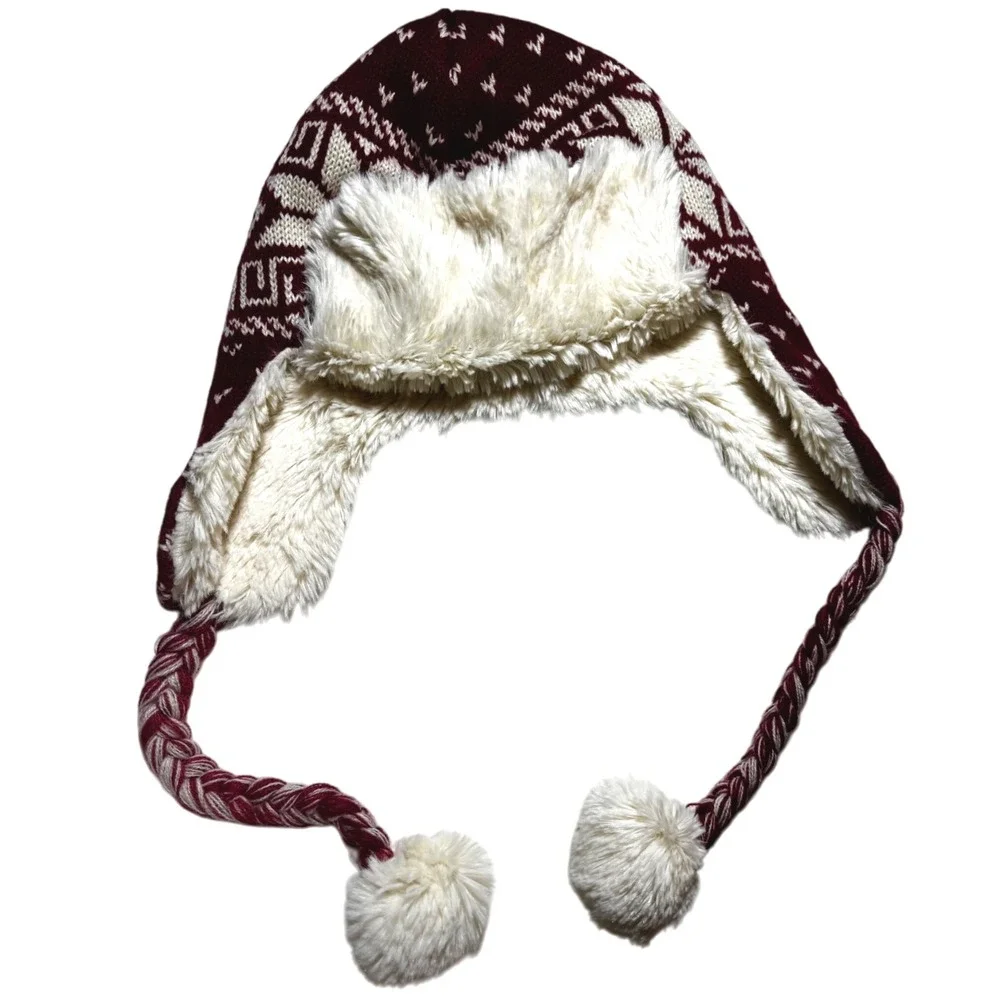 Mukluks Fair Isle Trapper Hat with Pom Poms Burgundy White Faux Fur Lined - Picture 1 of 4